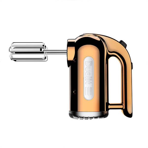 Copper-colored Dualit 89307 hand mixer features a sleek design, stainless steel beaters, and an ergonomic handle for comfortable use.