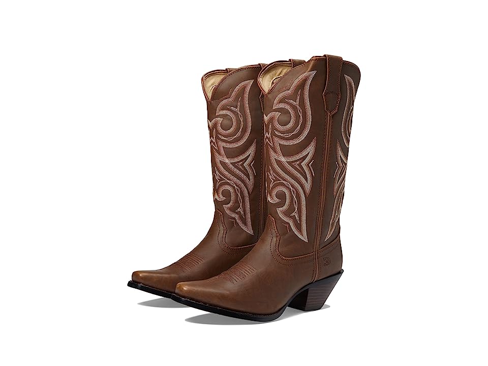 Women's Durango Crush 13" Western Boots in milk chocolate brown leather, featuring intricate stitching and a pointed toe, with a stylish stacked heel.