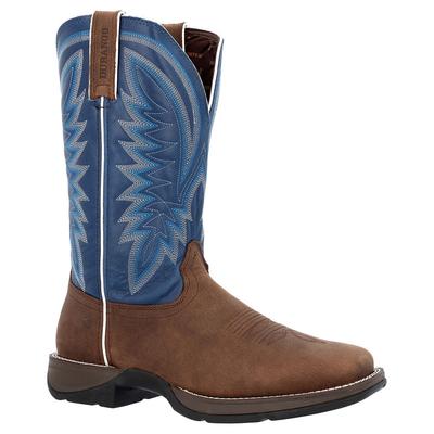 Durango Rebel men's boots feature a saddle brown leather base with a denim blue shaft, adorned with intricate stitching and a comfortable rubber outsole.