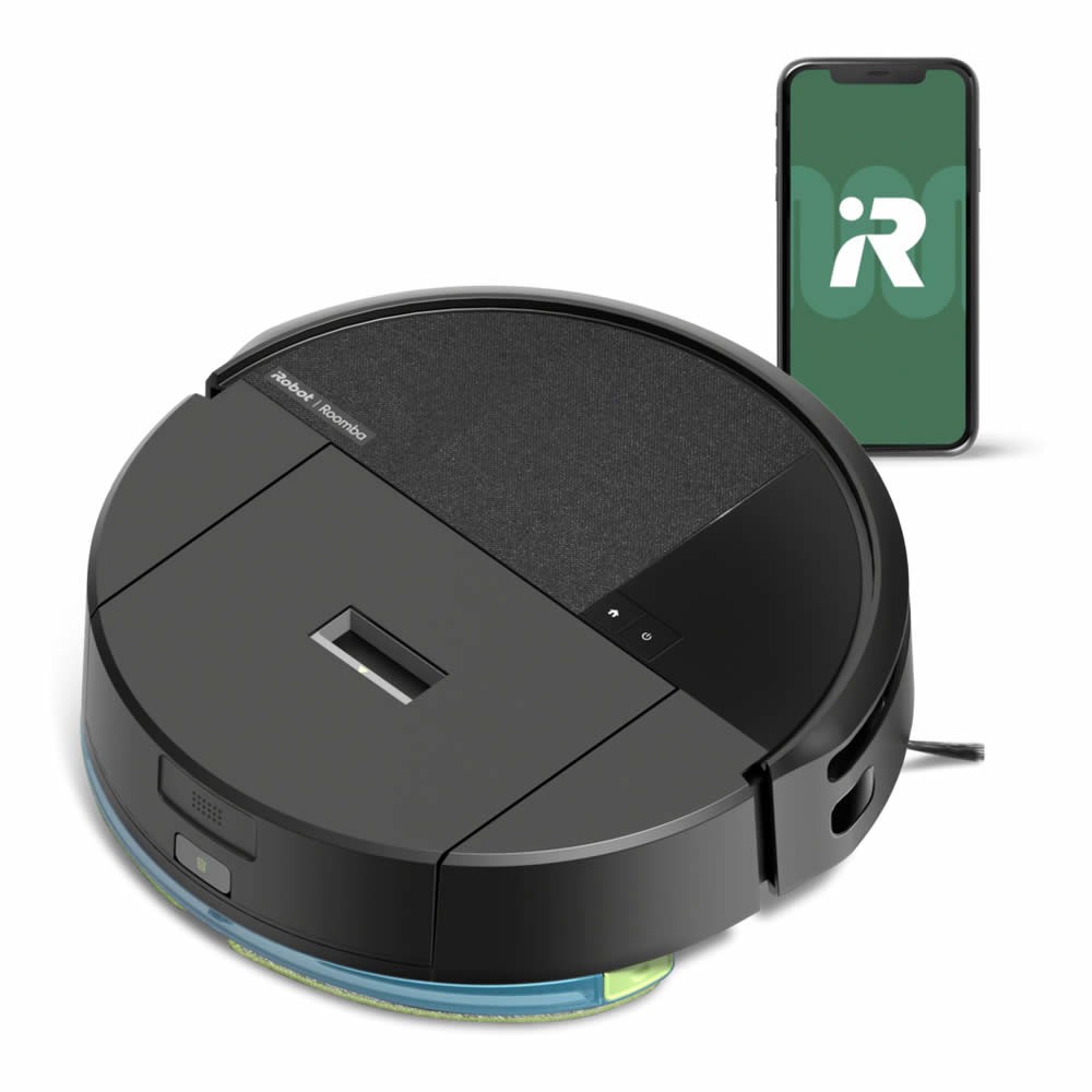 A sleek black robotic vacuum with a smooth surface, featuring a central control panel and a smartphone displaying the IRobot logo beside it.