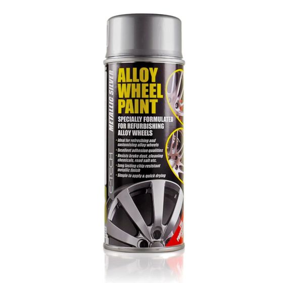 Metallic silver spray can of E-Tech Alloy Wheel Paint, designed for refurbishing alloy wheels, featuring chip-resistant formula and quick-drying properties.