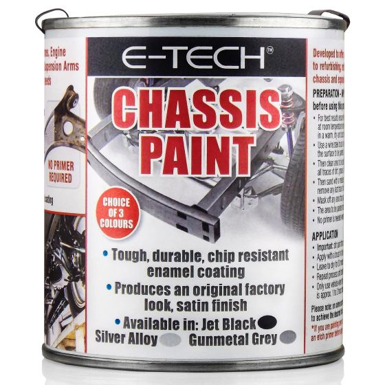 E-Tech Quick Repair Protect Restore Car Underbody Chassis Paint in Jet Black, 500ml can, features a durable enamel coating with a satin finish and highlights application details on the label.