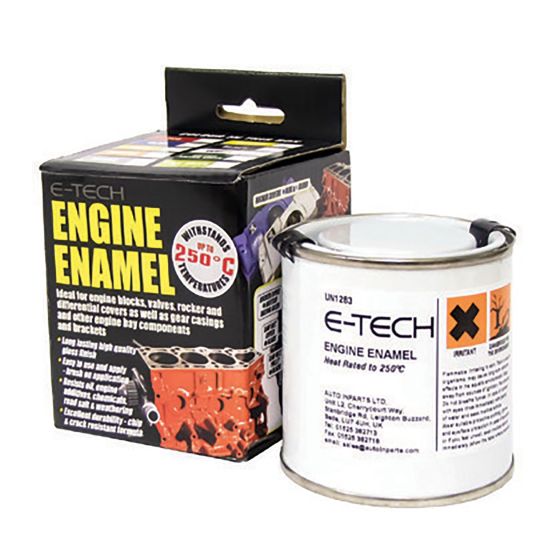Red enamel paint in a 250ml can, labeled "E-Tech Engine Enamel," with a black box featuring engine graphics and heat resistance details, ideal for car and bike components.