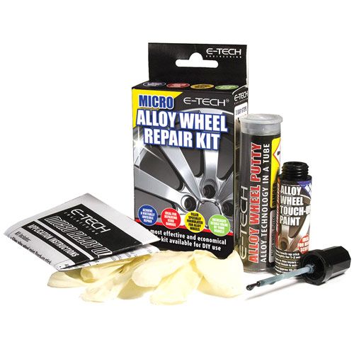 E-Tech Engineering Micro Alloy Wheel Repair Kit in metallic silver, featuring putty, touch-up paint, applicator, and instructions, all designed for DIY alloy wheel repairs.