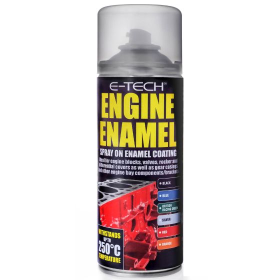 Black spray can labeled "E-Tech Engine Enamel" featuring high-temperature resistant coating, ideal for engine components, with a nozzle and a glossy finish.