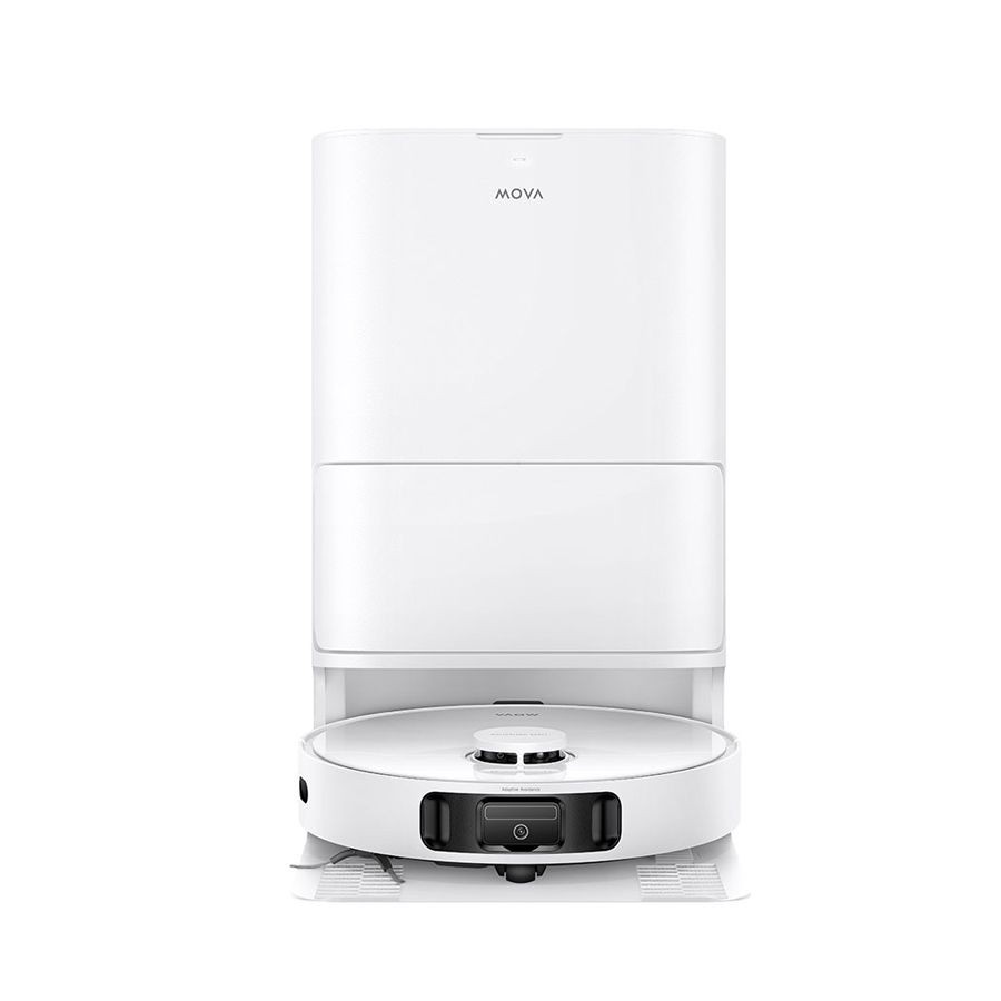 Mova E40 Ultra Robot in sleek white design, featuring a circular base with a front-facing camera and a compact, modern aesthetic suitable for home cleaning.