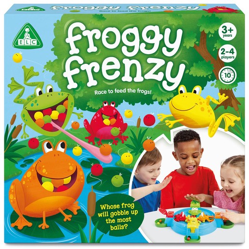 Colorful box of "Froggy Frenzy" game featuring green and orange frogs, children playing, and small balls, designed for 2-4 players aged 3 and up.