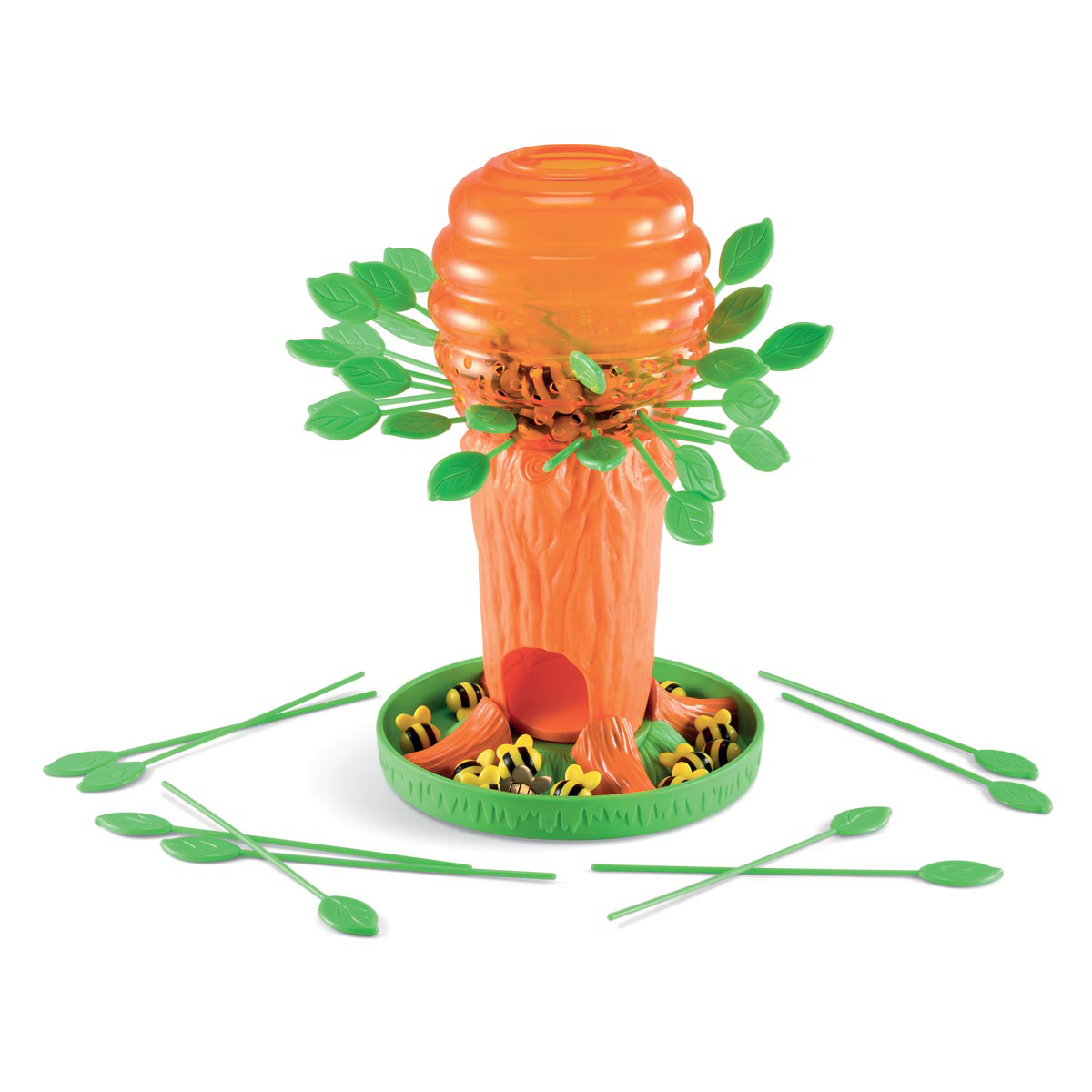 Bright orange honey bee tree playset with green leaves and a base, featuring yellow flower details and green sticks for play, designed for children aged 3 and up.