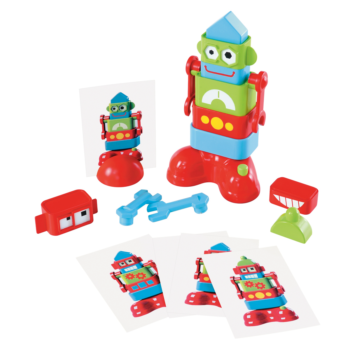 Colorful plastic robot game featuring a green and blue robot with red legs, accompanied by building tools, character cards, and a blue key for assembly.