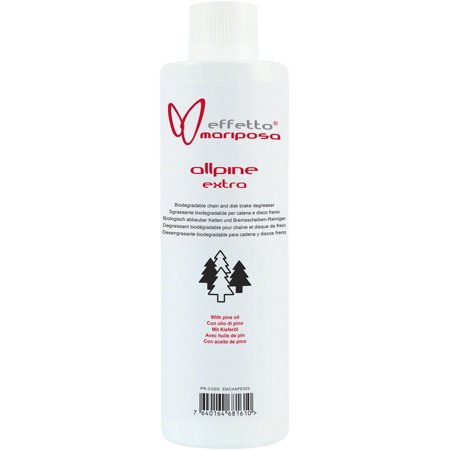 White bottle of Effetto Mariposa Allpine Extra Eco Chain Degreaser featuring a minimalist design, with a logo and text detailing its biodegradable properties and pine oil content.