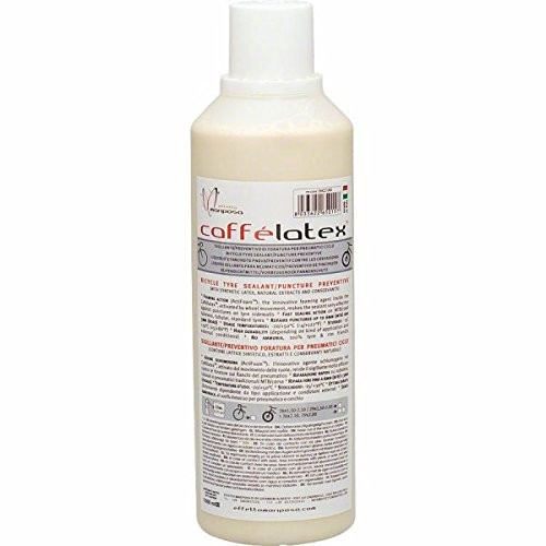 White bottle of Effetto Mariposa Caffelatex Tubeless Sealant with a screw cap, featuring detailed product information and usage instructions on the back label.