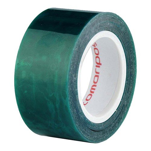 Green, glossy tubeless tape roll with a white inner core, labeled "Caffelatex" by Effetto Mariposa, designed for sealing bicycle tires.