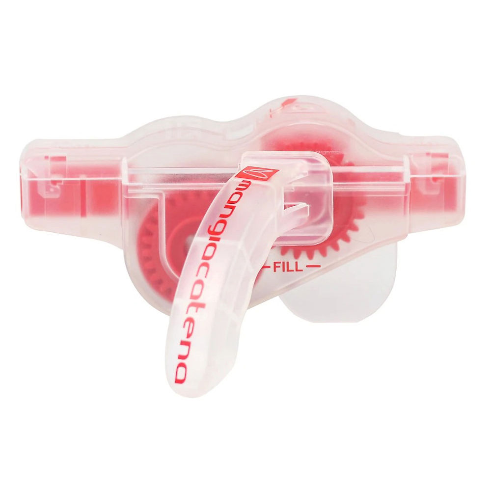 Transparent chain cleaner with red gears and a filling nozzle, featuring the "Mangiacatena" logo prominently displayed in red on the side.