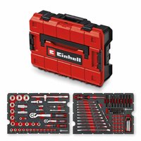 Red Einhell automotive tool kit in hard case, includes sockets, wrenches, screwdrivers, and ratchets, 201 pieces.