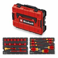 Red and black Einhell tool case with 24 VDE insulated hand tools, including screwdrivers and pliers, in molded slots.