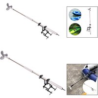 Electric drill thruster propeller with bracket, long metal shaft, and dual clamps for kayak or canoe attachment.