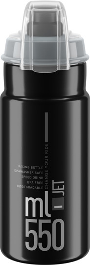 Black biodegradable MTB water bottle with a 550ml capacity, featuring a grey cap, clear spout, and text detailing "ml 550" and "biodegradable" on the side.