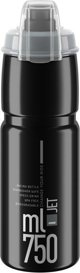Black biodegradable water bottle with a 750ml capacity, featuring a grey cap and a sleek design, labeled "Elite Jet" with dishwasher-safe and BPA-free markings.