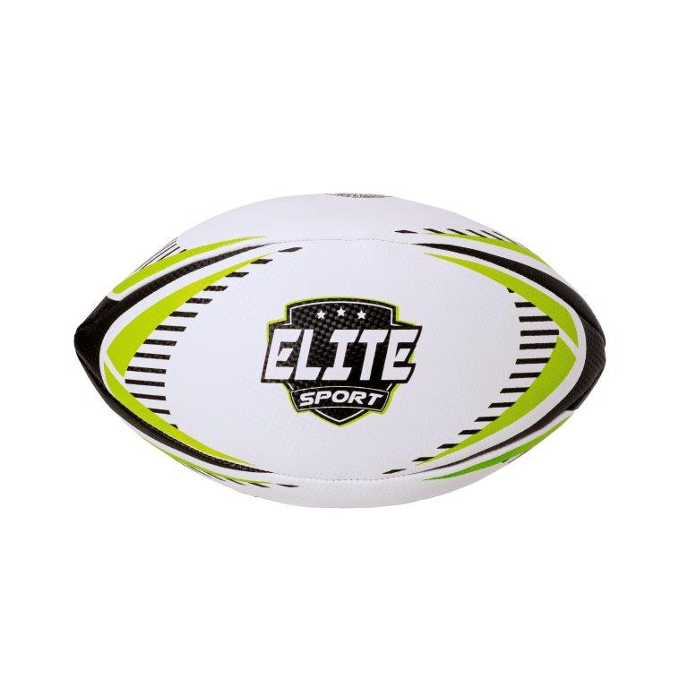 White rugby ball with green and black accents, featuring the "ELITE SPORT" logo prominently on the surface, designed for size 5 play.