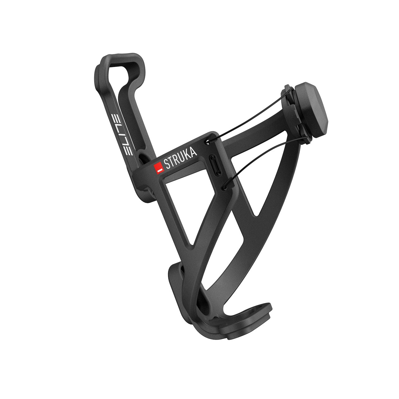 Black micro-adjust bottle cage with a sleek design, featuring adjustable grips and a lightweight construction, ideal for securing water bottles during cycling.