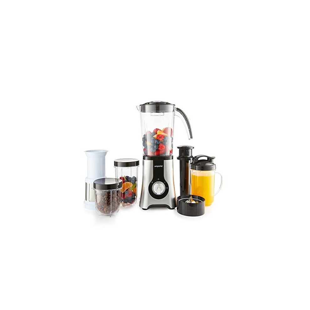 Multifunctional Emperial 4 in 1 Blender in sleek black and silver, featuring a 1L blending jug, 500ml smoothie jug, travel mugs, and various attachments for juicing and grinding.