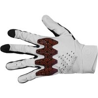White Endura MT500 D3O long finger MTB gloves with black fingertips and geometric brown padding on the back.