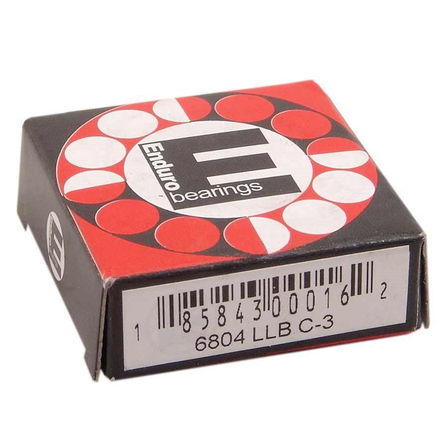 Black and red box with circular logo, featuring "Enduro Bearings" text, barcode, and product code "6804 LLB C-3" on the side.