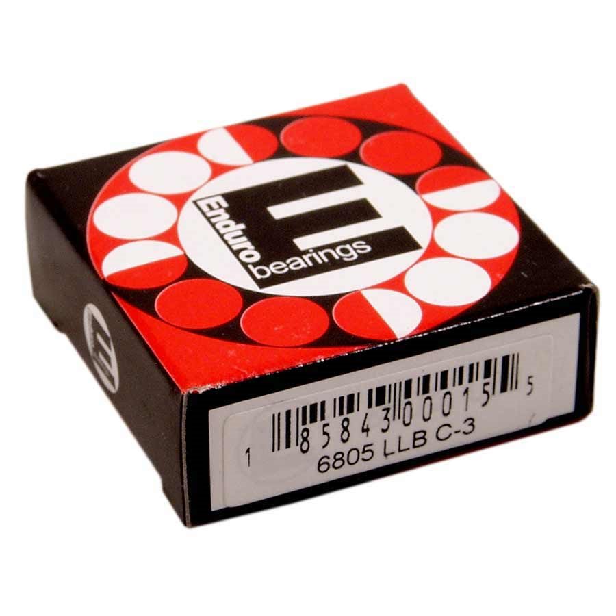 Enduro Bearings cartridge bearings packaging features a black box with a red and white circular design, prominently displaying the brand name and product code on the side.