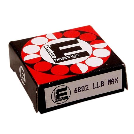 Black and red box featuring the Enduro Bearings logo, with a circular design and text labeling the product as "6802 LLB MAX" cartridge bearings.