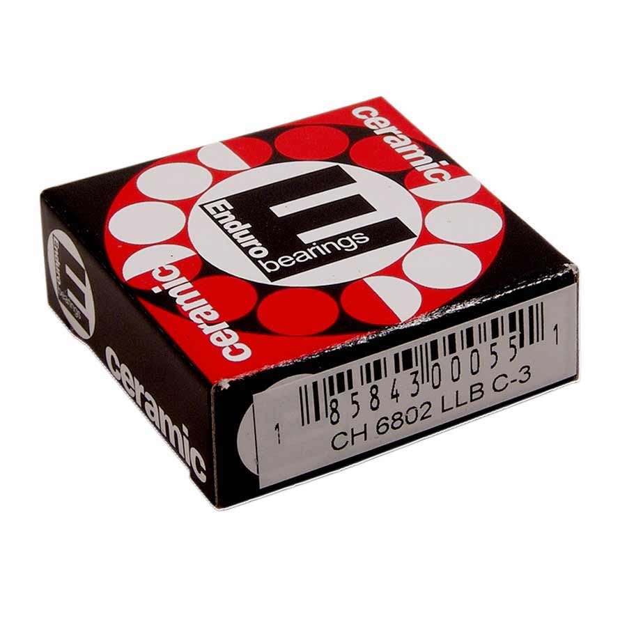Black box with red and white circular design, featuring "Enduro Bearings" and "Ceramic" text, containing a hybrid ceramic cartridge labeled "CH 6802 LLB."