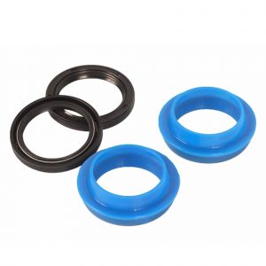 Two blue rubber fork seals and two black dust seals for Marzocchi 30mm stanchions, designed for durability and performance in mountain biking.
