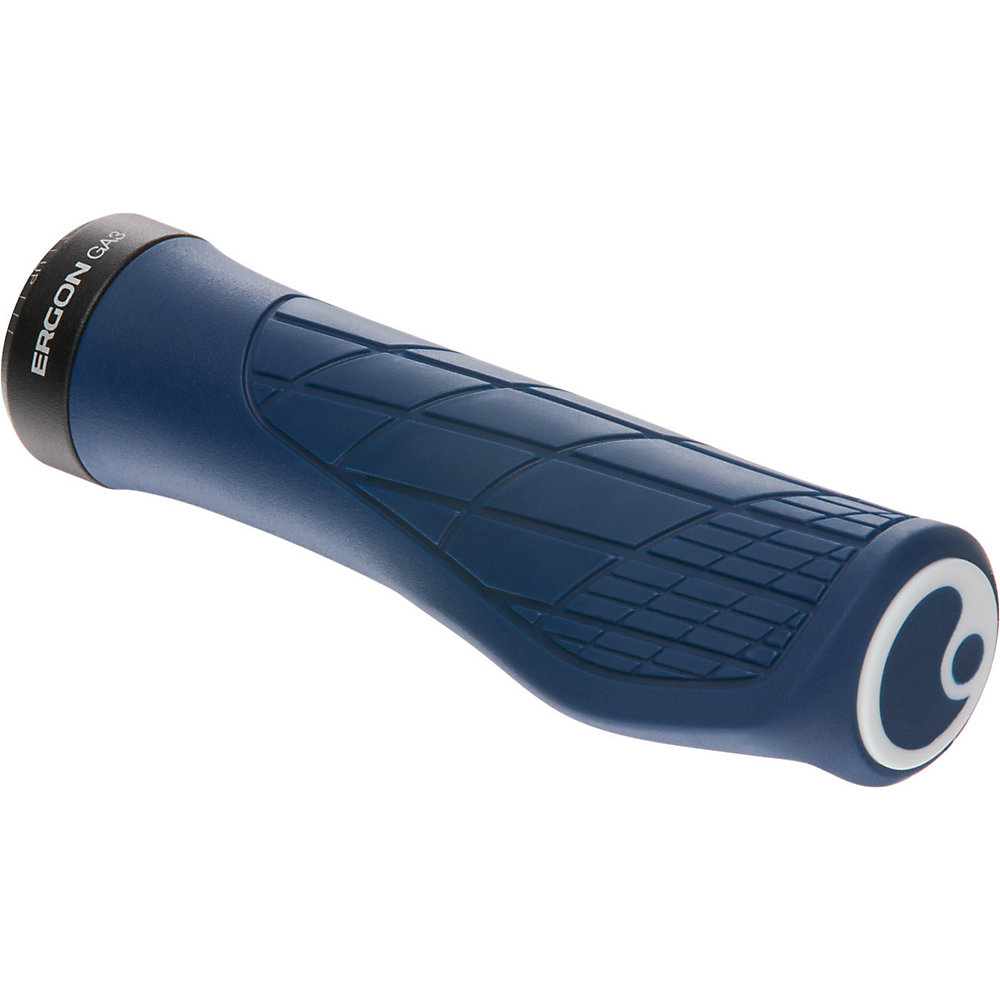 Large dark blue Ergon GA3 bike grips with a textured surface for enhanced grip and a black end cap featuring the ERGON logo.