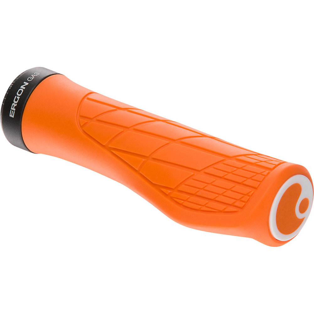Large ergonomic bike grips in bright orange rubber with textured surface for improved grip, featuring a black end cap with the ERGON logo.
