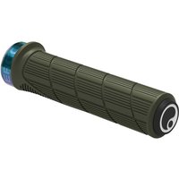 Ergon GD1 EVO Factory MTB grip, olive green with textured surface and blue end cap.