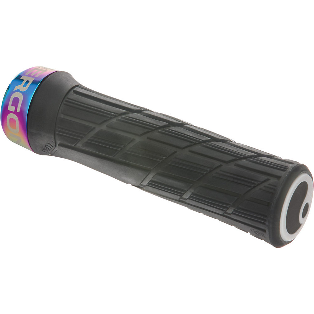 Black rubber grip with a textured surface, featuring a colorful oil slick end cap and a standard length design, ideal for enhanced comfort and control on bikes.