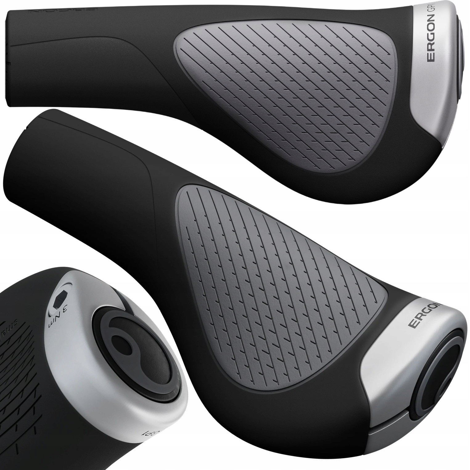 Black ergonomic bicycle grips with textured rubber surface, large size, and silver end caps, designed for comfort and grip during rides.