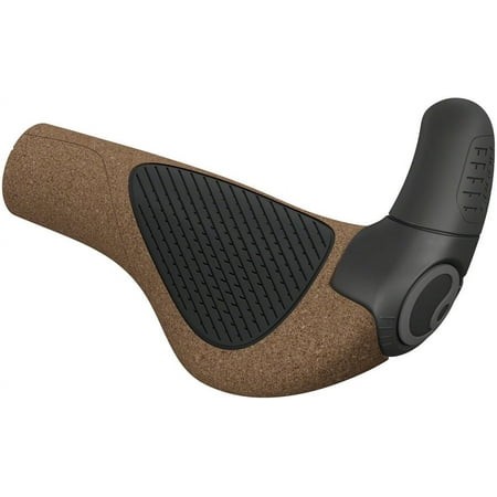 Large Ergon GP2 EVO BioKork grips featuring a brown cork surface with a textured black rubber section and an ergonomic design for enhanced comfort and grip.