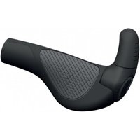 Black ergonomic bike grip with textured surface and small integrated bar end.