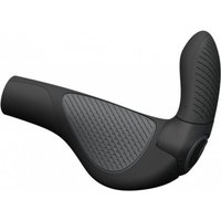 Black ergonomic bike grip with textured rubber surface and integrated bar end extension.