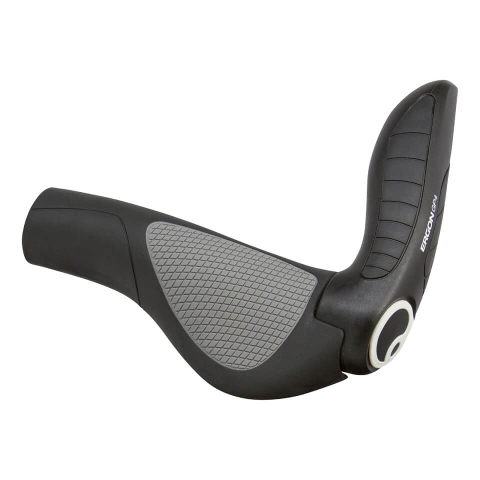 Black ergonomic bicycle grips with a textured gray rubber surface, featuring a unique shape for comfort and a circular end cap for easy installation.
