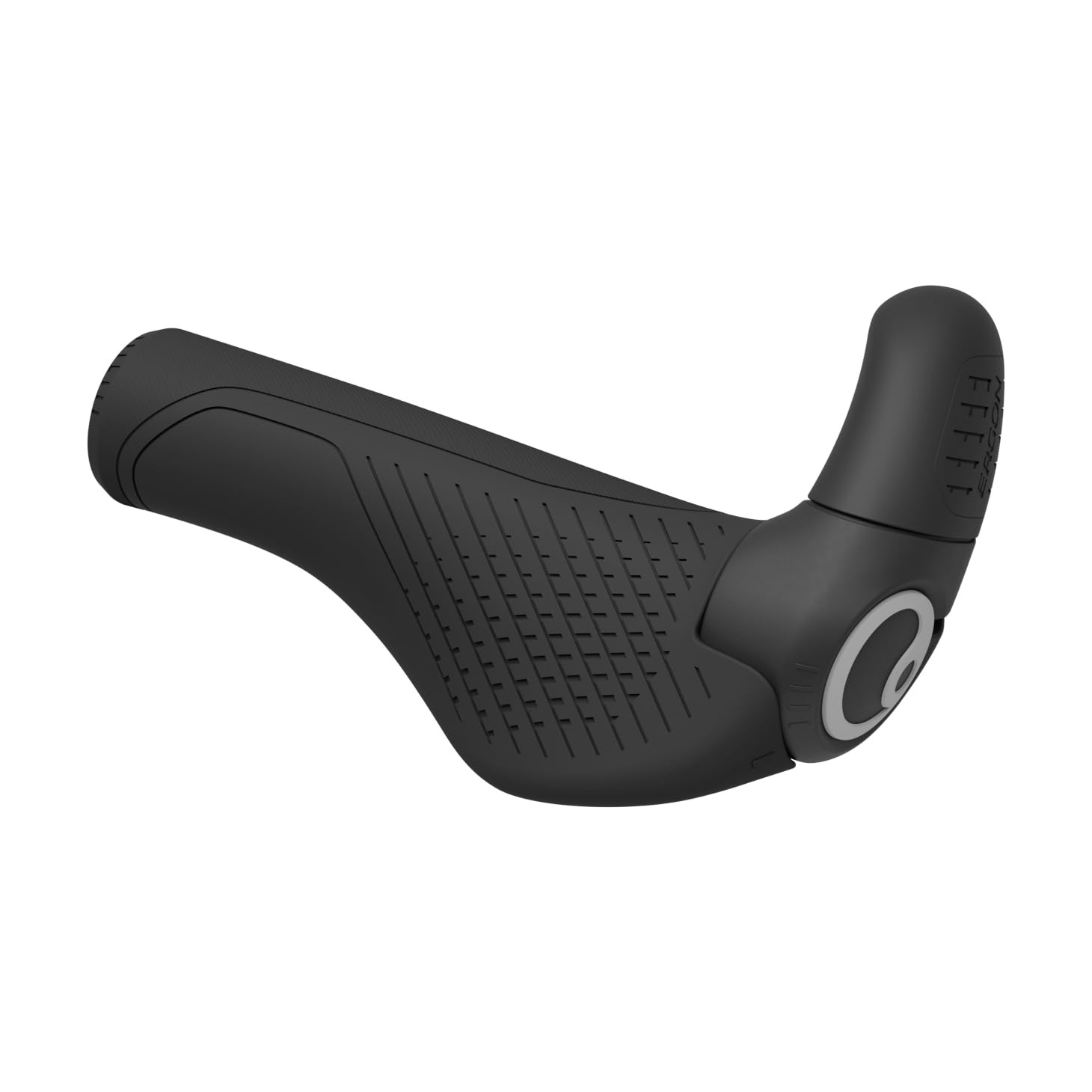 Black ergonomic bicycle grips with textured surface for improved grip, featuring a distinctive curved design and a circular logo on the end cap.