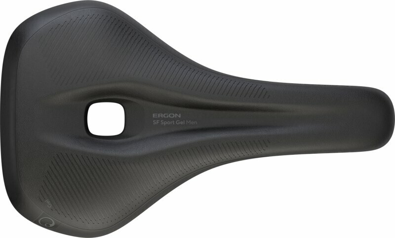 Black gel saddle with a sleek design, featuring a central cutout for pressure relief, textured surface for grip, and ergonomic shape tailored for men, labeled "ERGON SF Sport Gel Men - M/L."