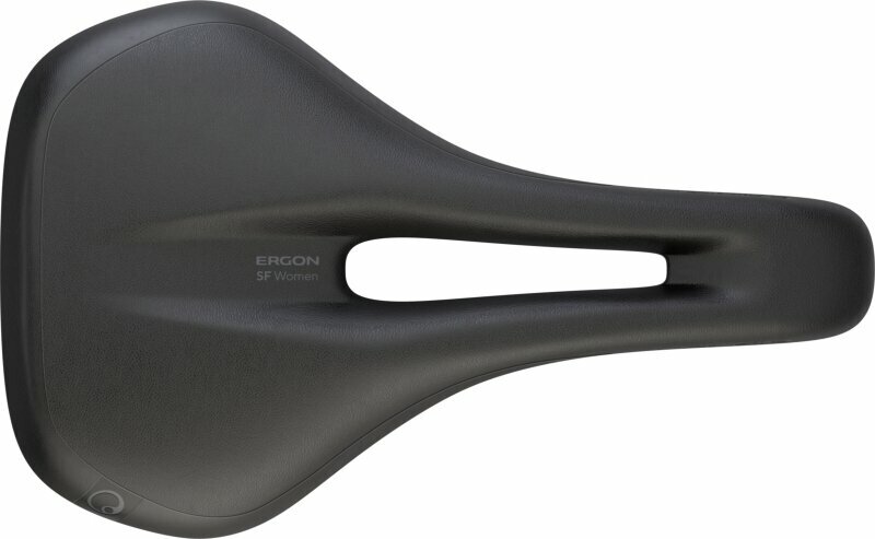 Black Ergon SF Women's Saddle in medium/large size, featuring a sleek design with a central cutout for comfort and a textured surface for grip.