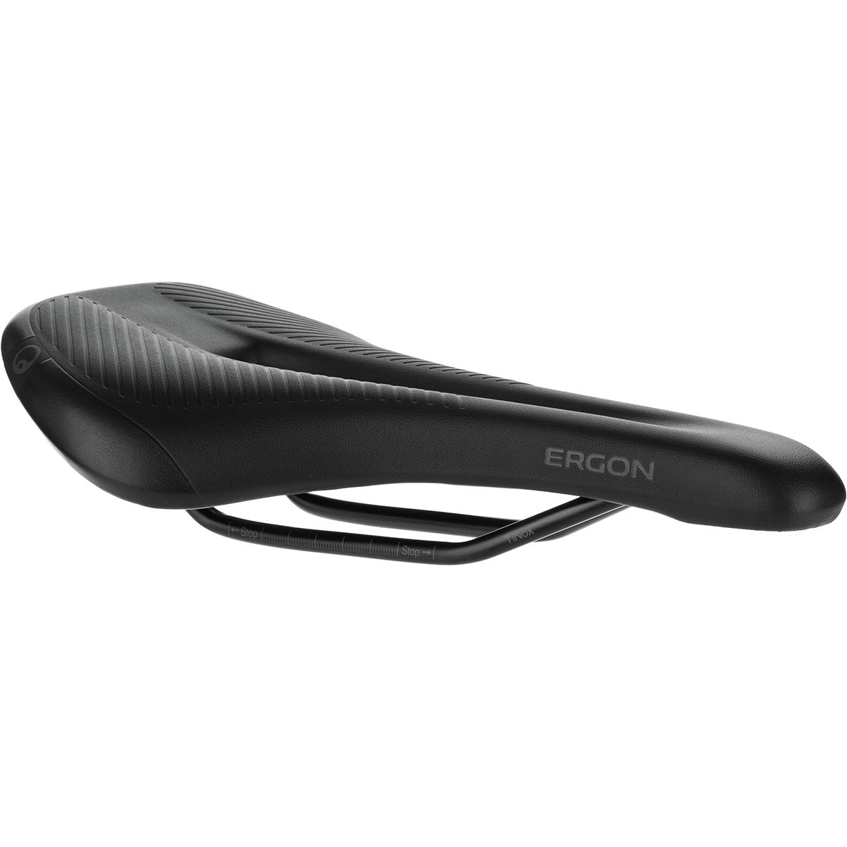 Black Ergon SM Comp men's saddle with a sleek design, featuring a textured surface for grip and a lightweight metal rail for durability, designed for comfort during rides.