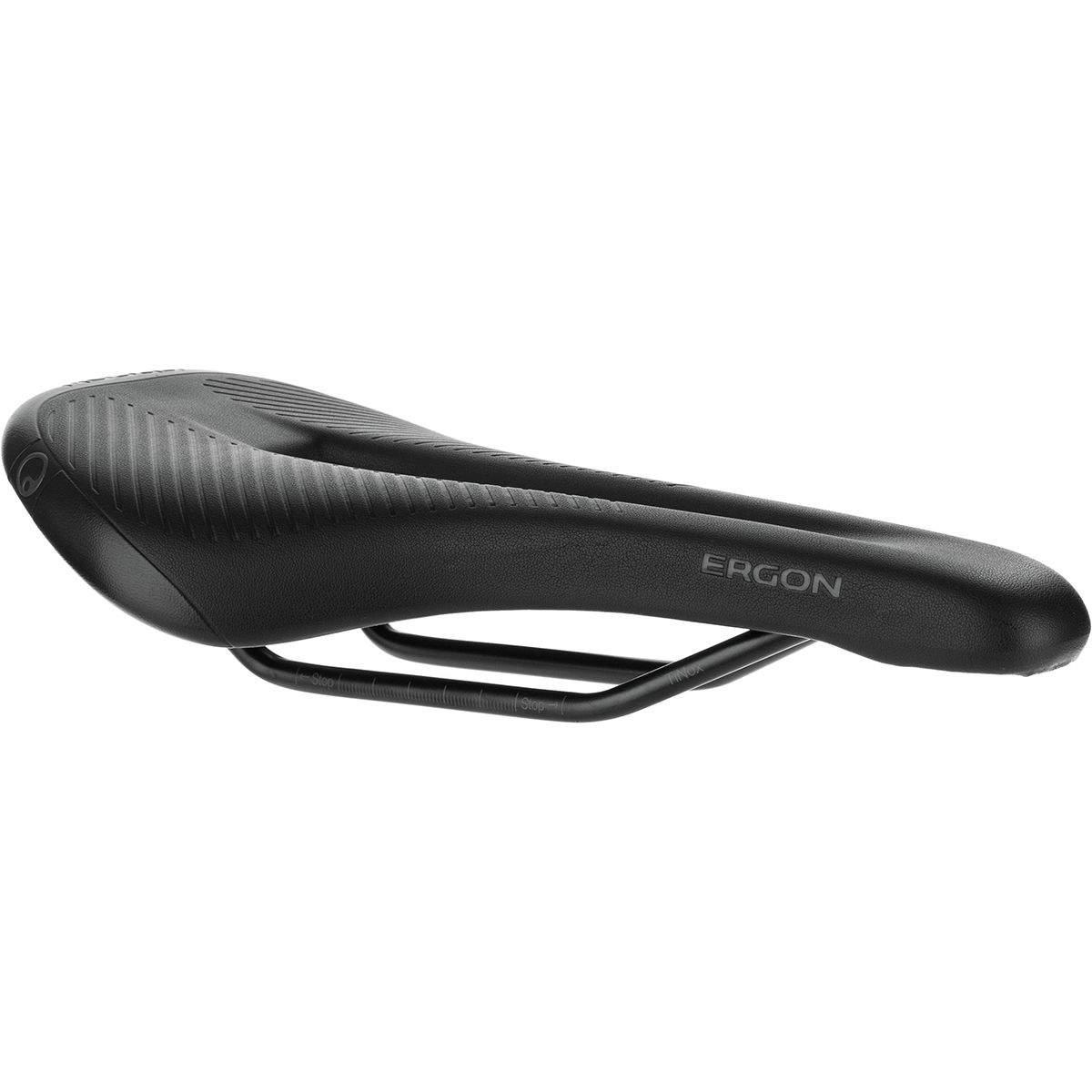 Black ergonomic saddle with a sleek design, featuring a textured surface and a durable construction, supported by a sturdy metal rail.