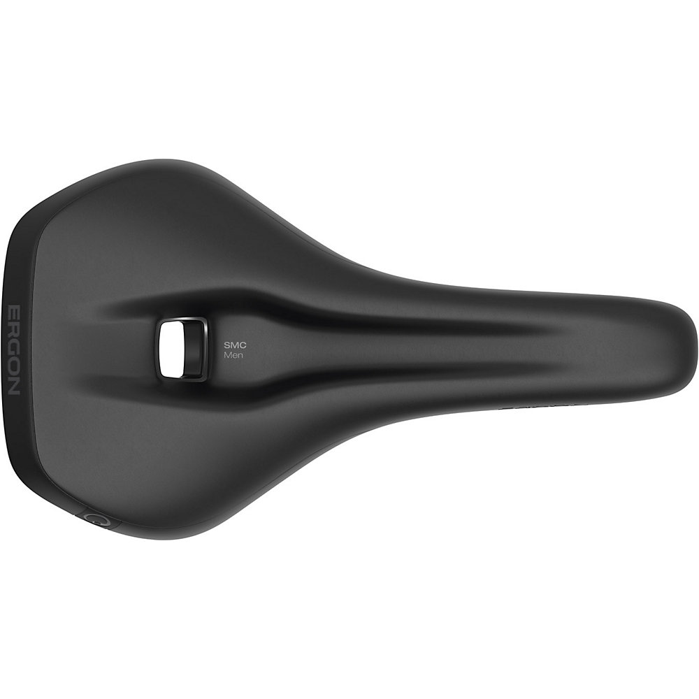 Black Ergon SMC Men's saddle in M/L size, featuring a sleek design with a central cut-out for comfort and a durable material for enhanced performance.