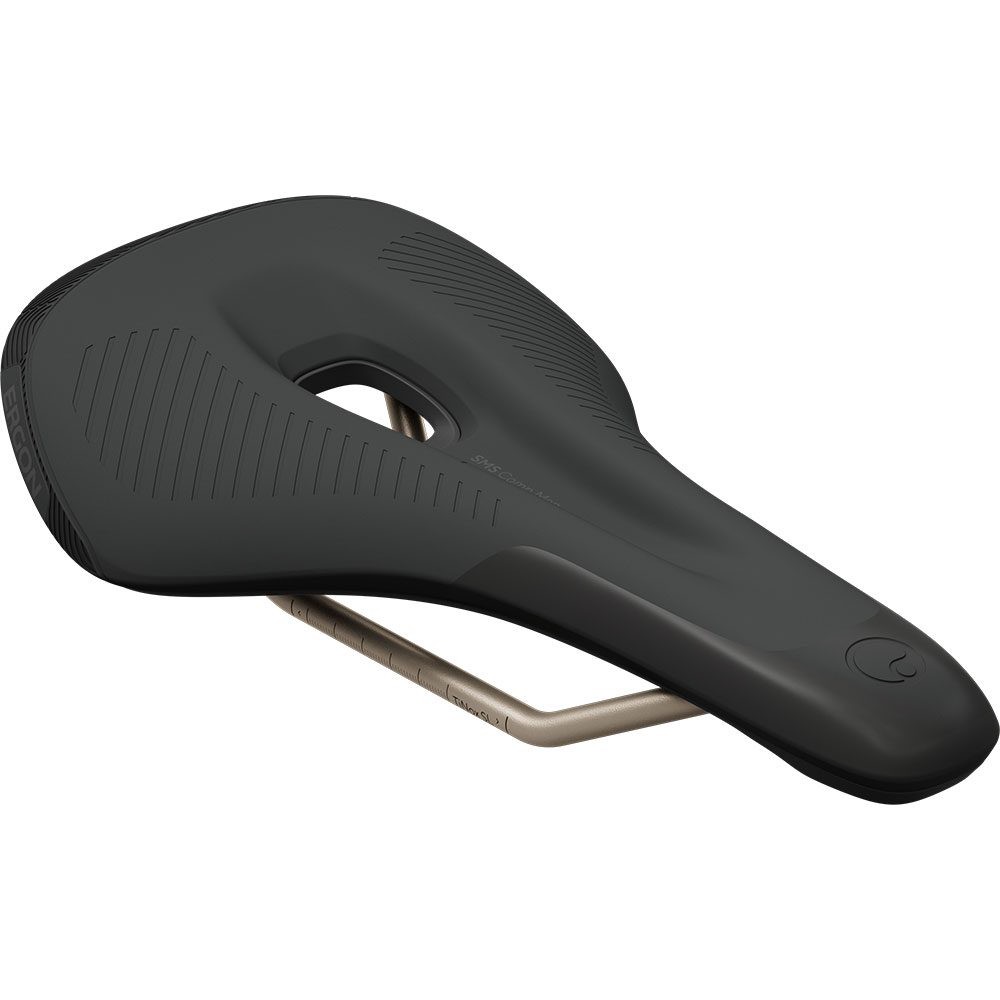 Black ergonomic saddle with a sleek design, featuring a central cutout for comfort, textured surface for grip, and a durable metal rail for secure attachment.