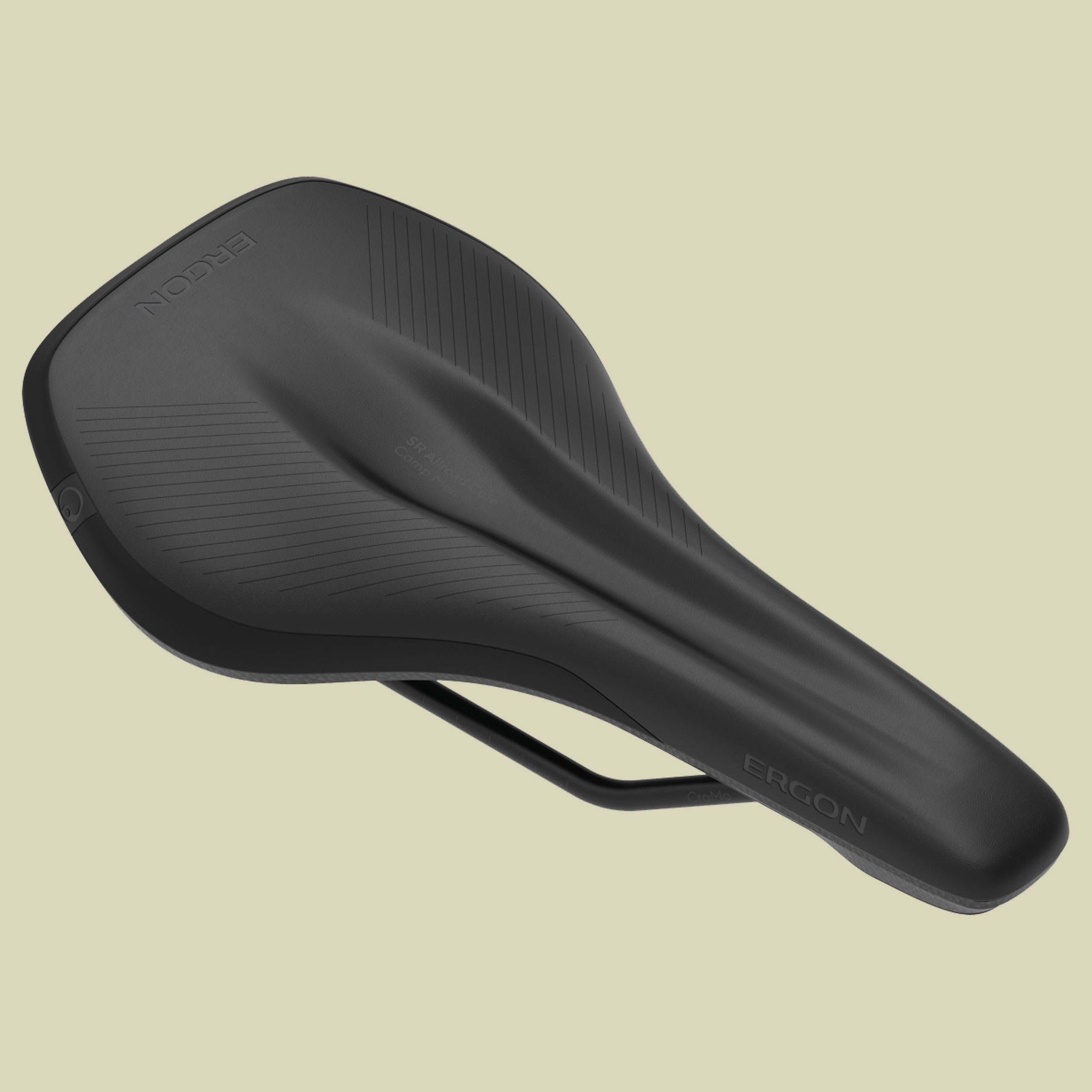 Black ergonomic saddle with a sleek design, featuring a textured surface and a durable rail system, labeled "ERGON" and "SR AllRoad Core Comp" for M/L sizes.