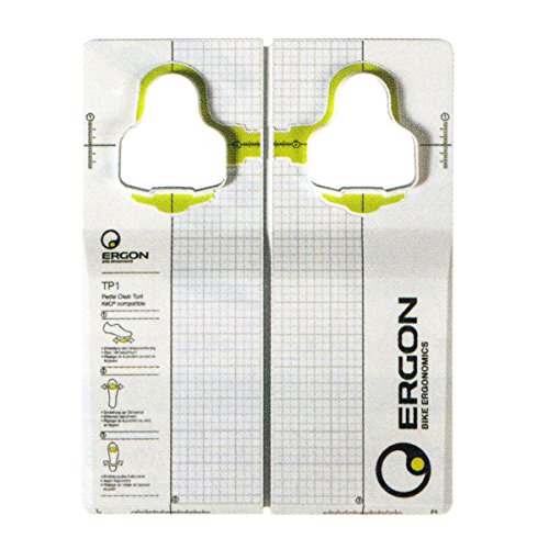 Ergon TP1 Pedal Cleat Tool features a white plastic body with a grid pattern, bright yellow accents, and cutouts for precise cleat alignment, designed for Keo pedal systems.