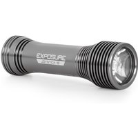 Black cylindrical bike light with ribbed ends, labeled "Exposure Joystick Mk18," featuring a clear lens at one end.